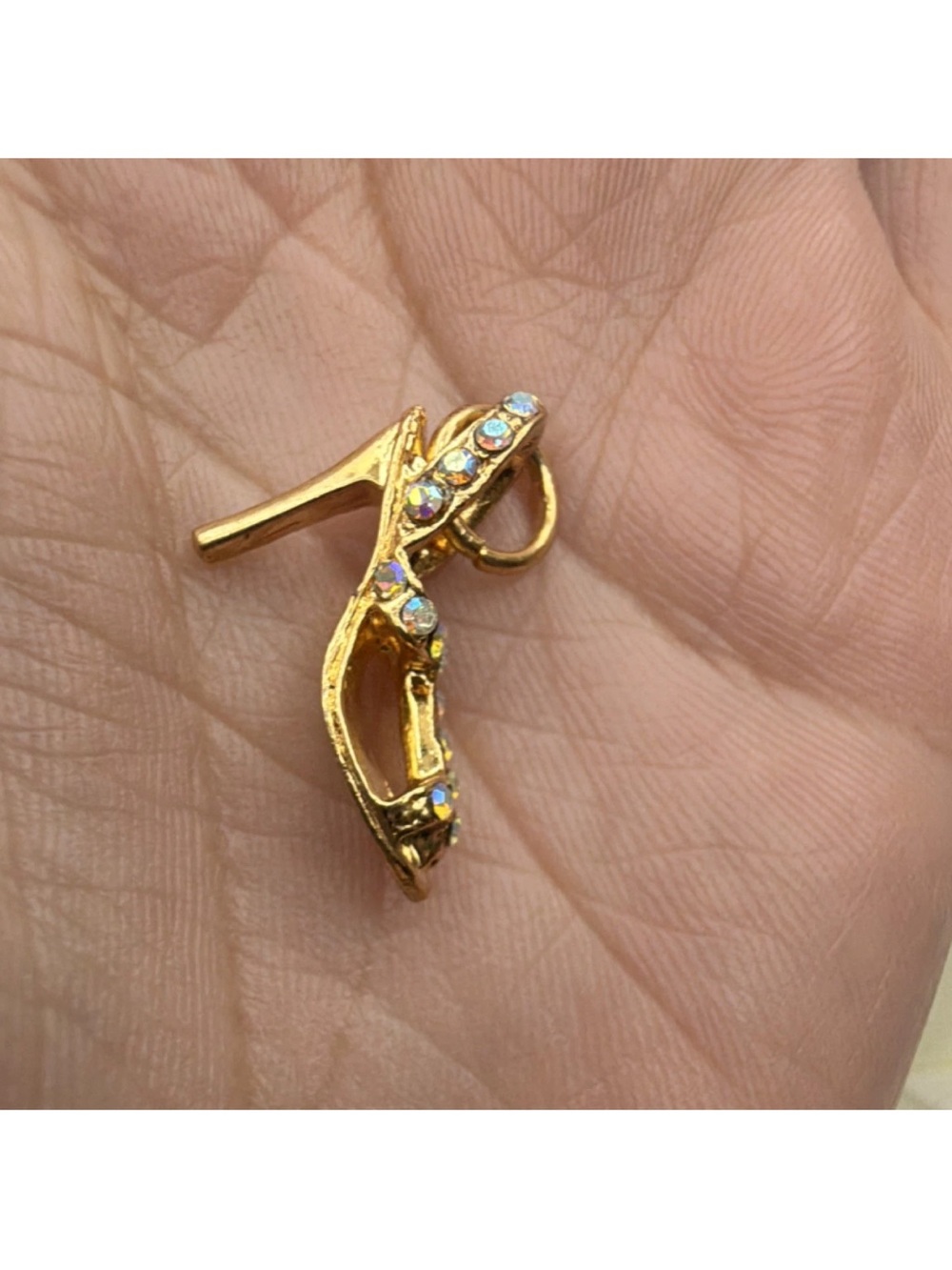 Gold High Heel Shoe Charm Pendant with Rhinestones